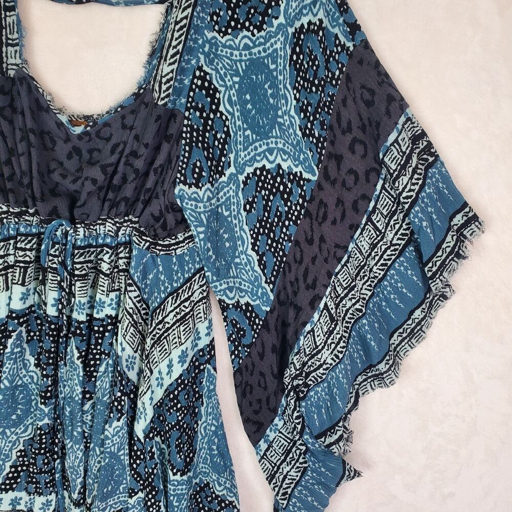Free People Heart of Gold Mini Dress Blue Charcoal Sz Small Bell Sleeve Lined - Picture 3 of 10